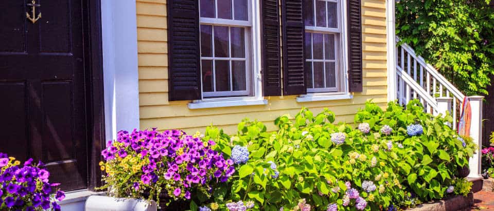 Cottage with vibrant purple and pink flowers, yellow siding, black window shutters, and white staircase, representing charming West Michigan real estate opportunities for homebuyers and investors.