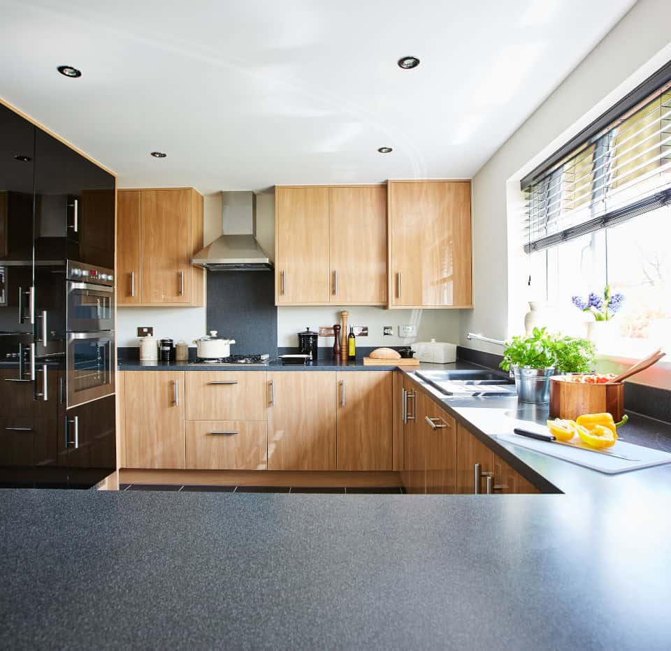 Kitchen with wooden cabinets and modern appliances, bright natural light, West Michigan real estate, contemporary home interior, perfect for homebuyers seeking stylish kitchens.